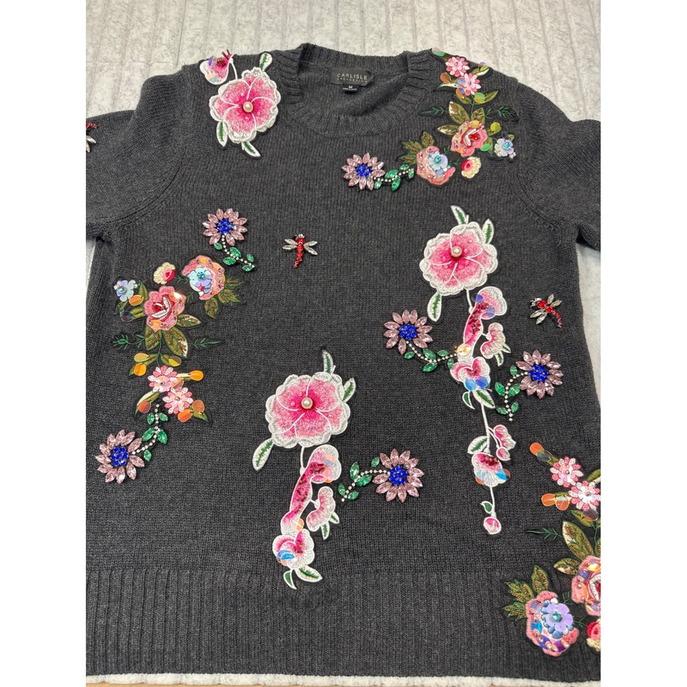 Carlisle Collection Gray Cotton‎ Cashmere Floral Beaded Embroidered Sweater M